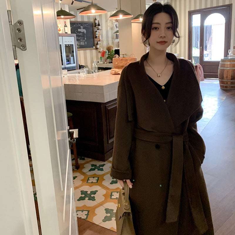 Women's Large Lapel Pure Color Tied Warm Reversible Woolen Coat - globaltradeleader