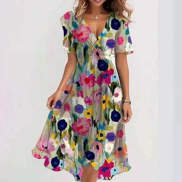 Chiffon Printed Women Sexy Elegant Light Mature V-Neck Dress