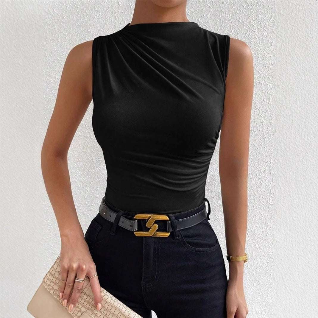 European And American Women's Spring And Summer All-match Solid Color Pleated Sleeveless Pullover Half-high Collar T-shirt