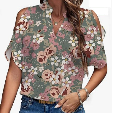 Women's Summer Printed V-neck Elegant Fashion Shoulder Sleeve Women's Top