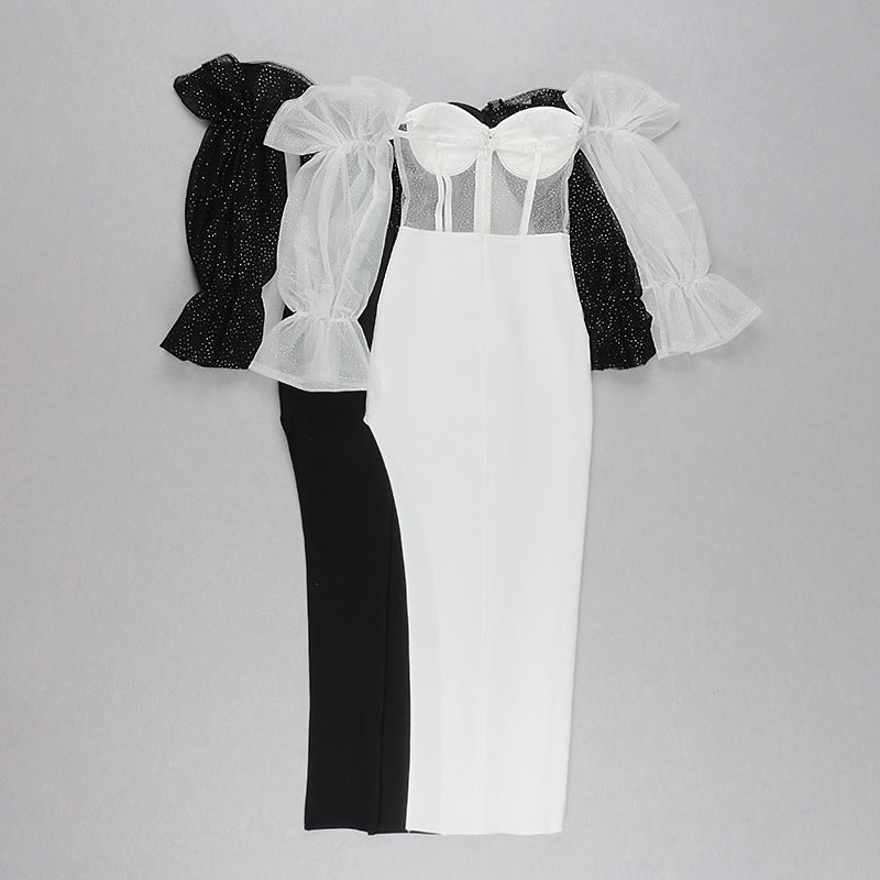 European And American New Style Puff Sleeve Mesh Gauze Strapless Sexy Dress Ladies Tube Top Slit Ladies Evening Dress - globaltradeleader