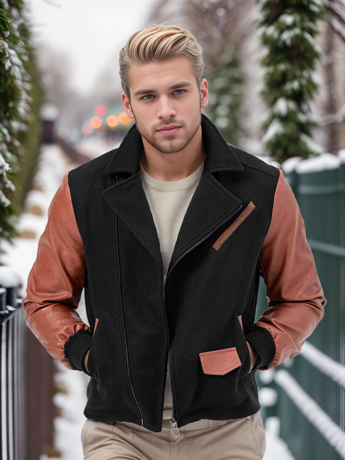 PU Leather Patchwork Wool Lapel Color Matching Men's Jacket - globaltradeleader