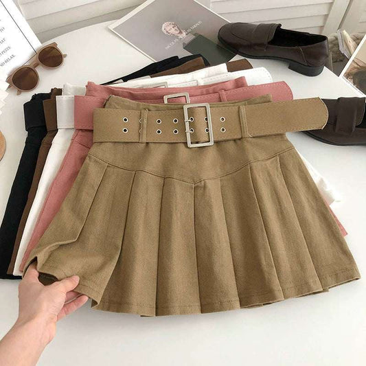 Belted High Waist Pleated Skirt Women's Early Autumn Korean Version Retro All-match Anti-glare Bag Hip Short Skirt