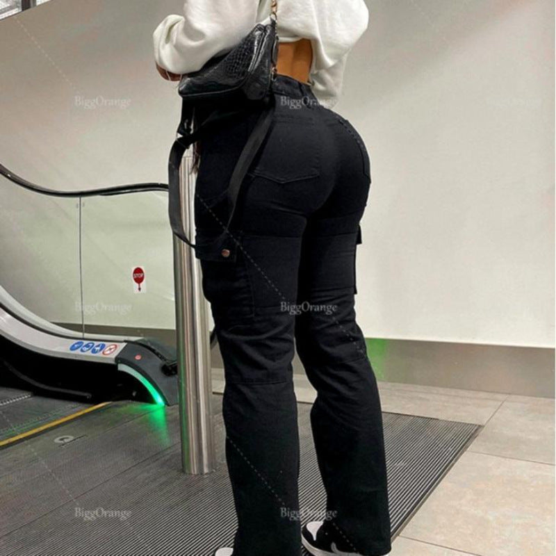 High-quality European And American Hip Trousers High-waisted Multi-pocket Workwear Fashionable Stretchy Trendy Street Trendy Women's Trousers