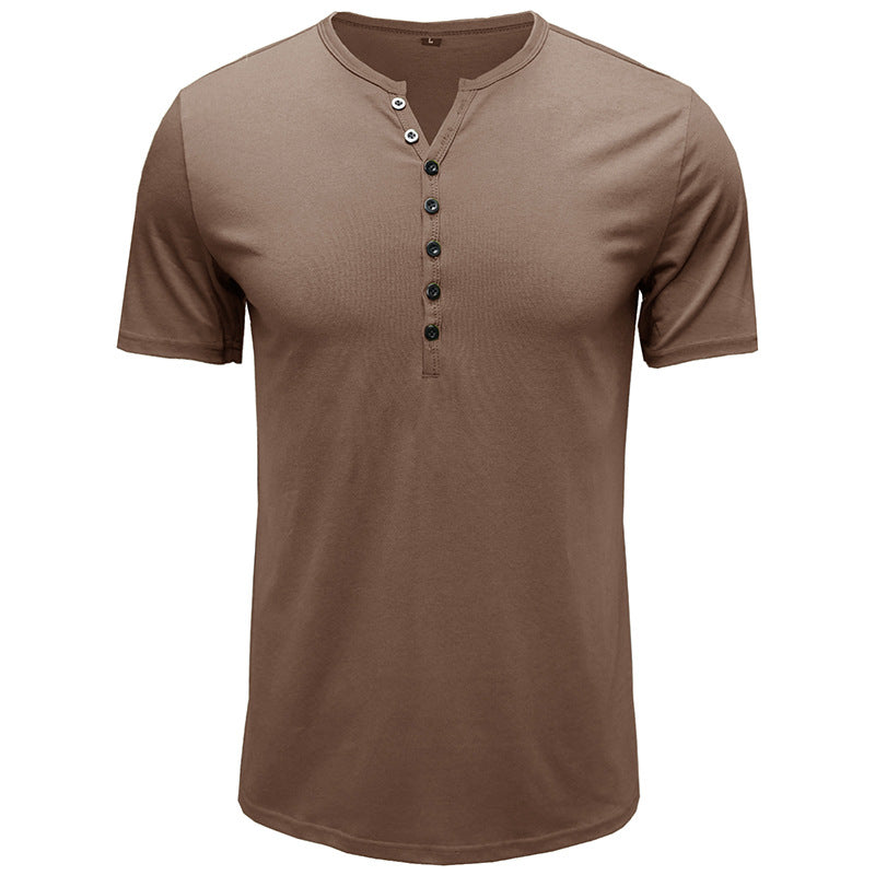 Summer Men's Clothing European And American Men's Henley Shirt Short-sleeved Me's T-shirt Solid Color Top