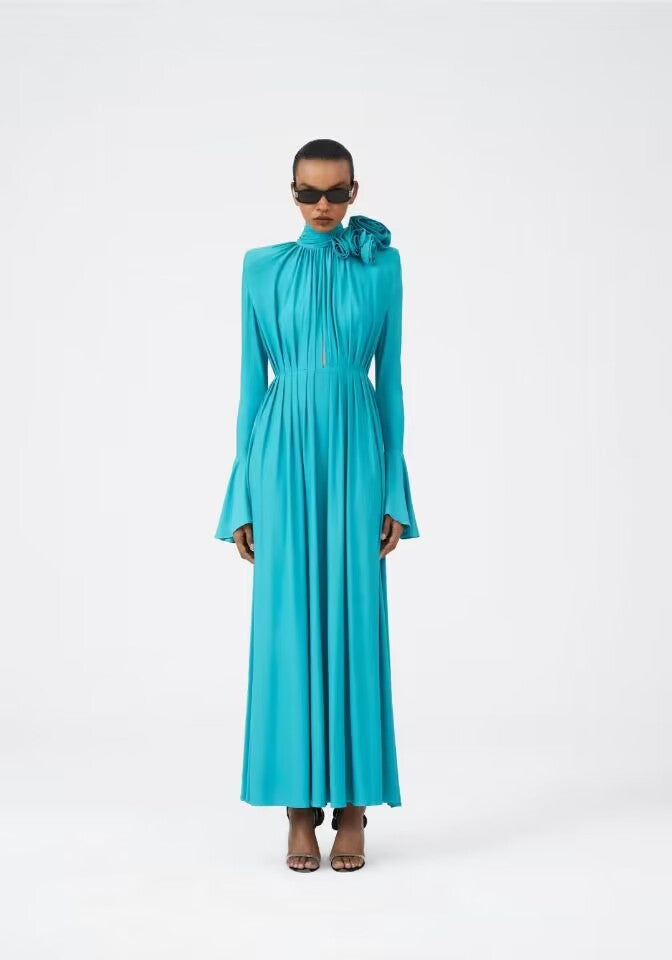 Socialite High Collar Rose Stereo Flower Trumpet Sleeve Sexy Split Gentle Dress Long Dress