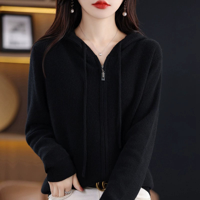 Wool Blended Women's Zipper Hooded Knitted Cardigan, Long-sleeved Outer Wear And Inner Sweater Jacket - globaltradeleader