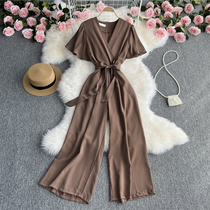 Temperament V-neck Short-sleeved Waist Strap Slim Jumpsuit Solid Color Simple High Waist Drape Wide-leg Pants