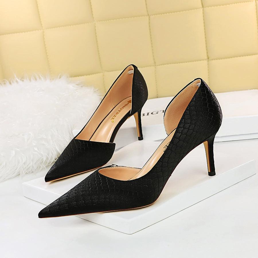 European And American Fashion, Sexy, Thin, Stiletto, High-heeled Snake-print Satin Shoes