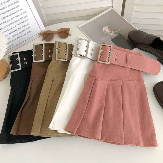 Belted High Waist Pleated Skirt Women's Early Autumn Korean Version Retro All-match Anti-glare Bag Hip Short Skirt