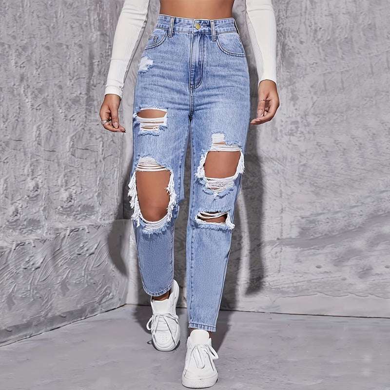Casual High Waist Ripped Denim Trousers - globaltradeleader