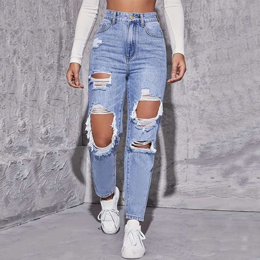 Casual High Waist Ripped Denim Trousers - globaltradeleader