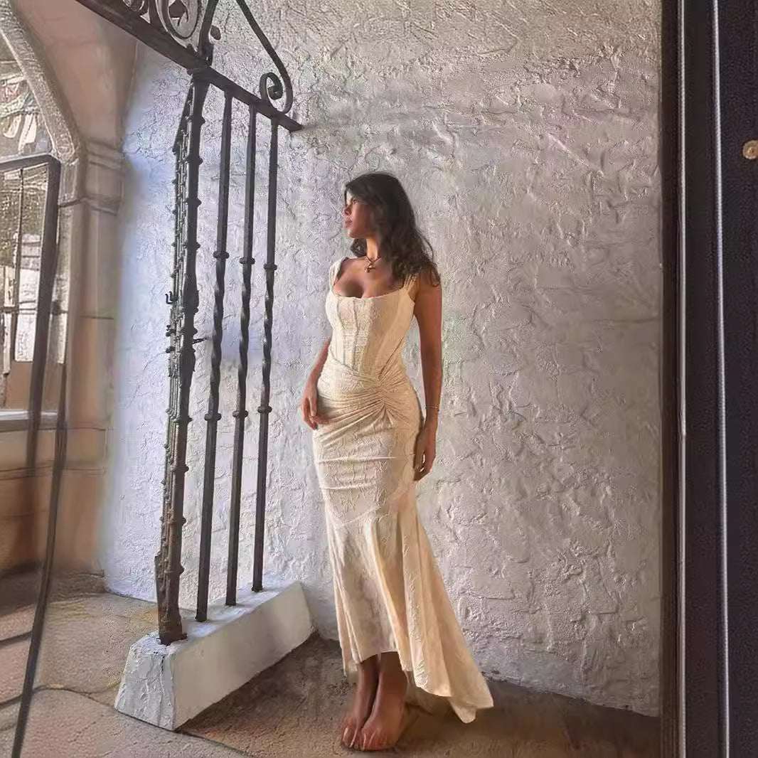 Pleated Lace Dress Socialite Niche Design Dress Sexy Strap Jacquard Dress