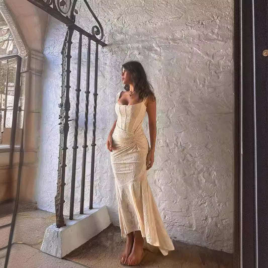 Pleated Lace Dress Socialite Niche Design Dress Sexy Strap Jacquard Dress