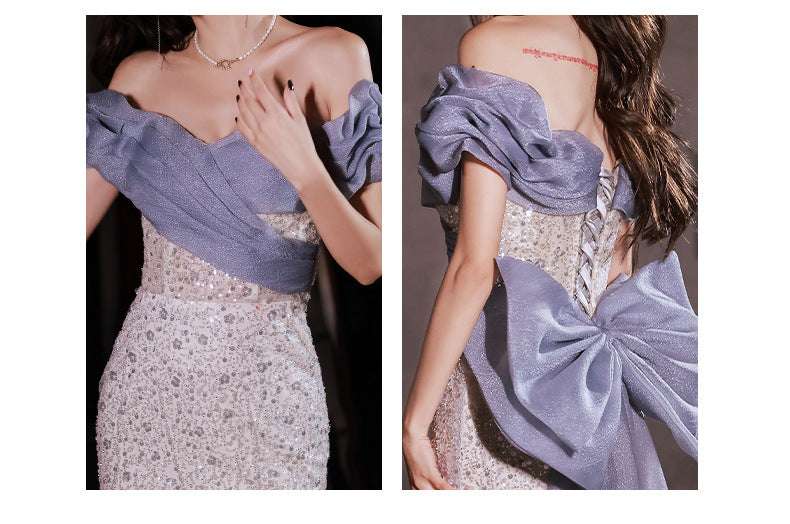 Evening Dress Female Sequin Big Bow Host Fishtail Bel Canto Solo Performance Costume Vocal Art Examination - globaltradeleader
