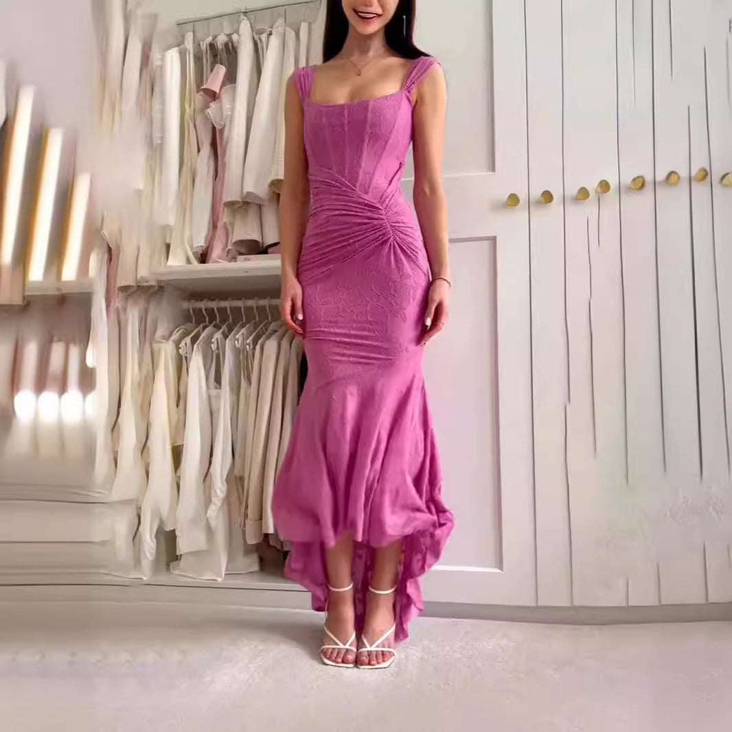 Pleated Lace Dress Socialite Niche Design Dress Sexy Strap Jacquard Dress