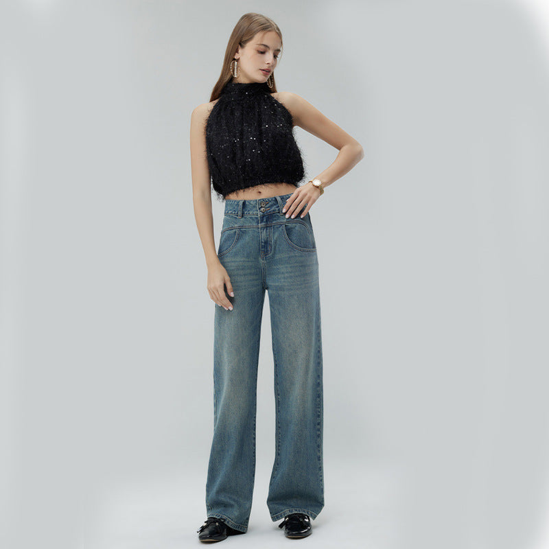 Retro Style High Waist Distressed Wide Leg Mop Pants Women - globaltradeleader