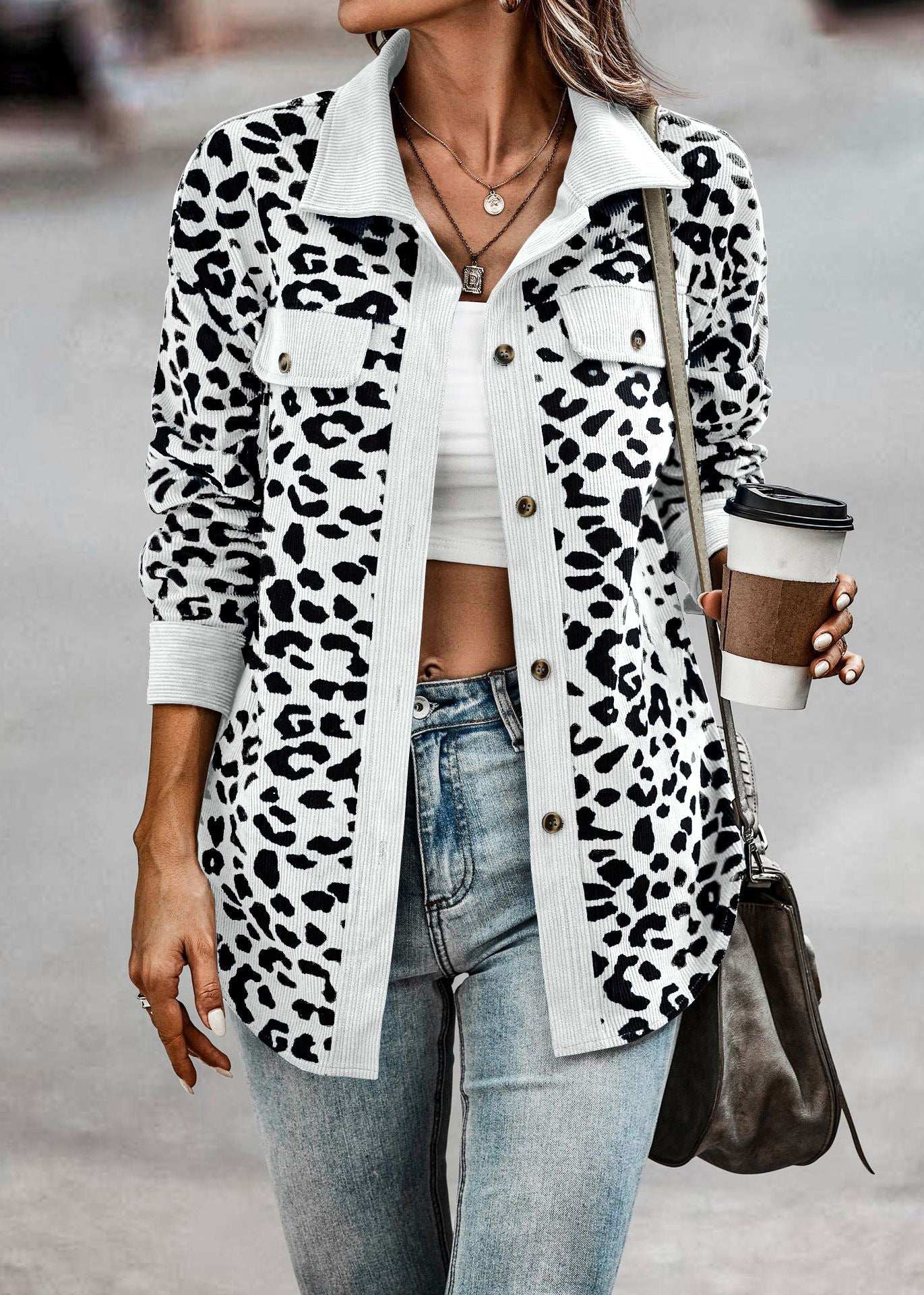 Women's Clothing Autumn And Winter Fashion Leopard Print Button Long-sleeved Jacket