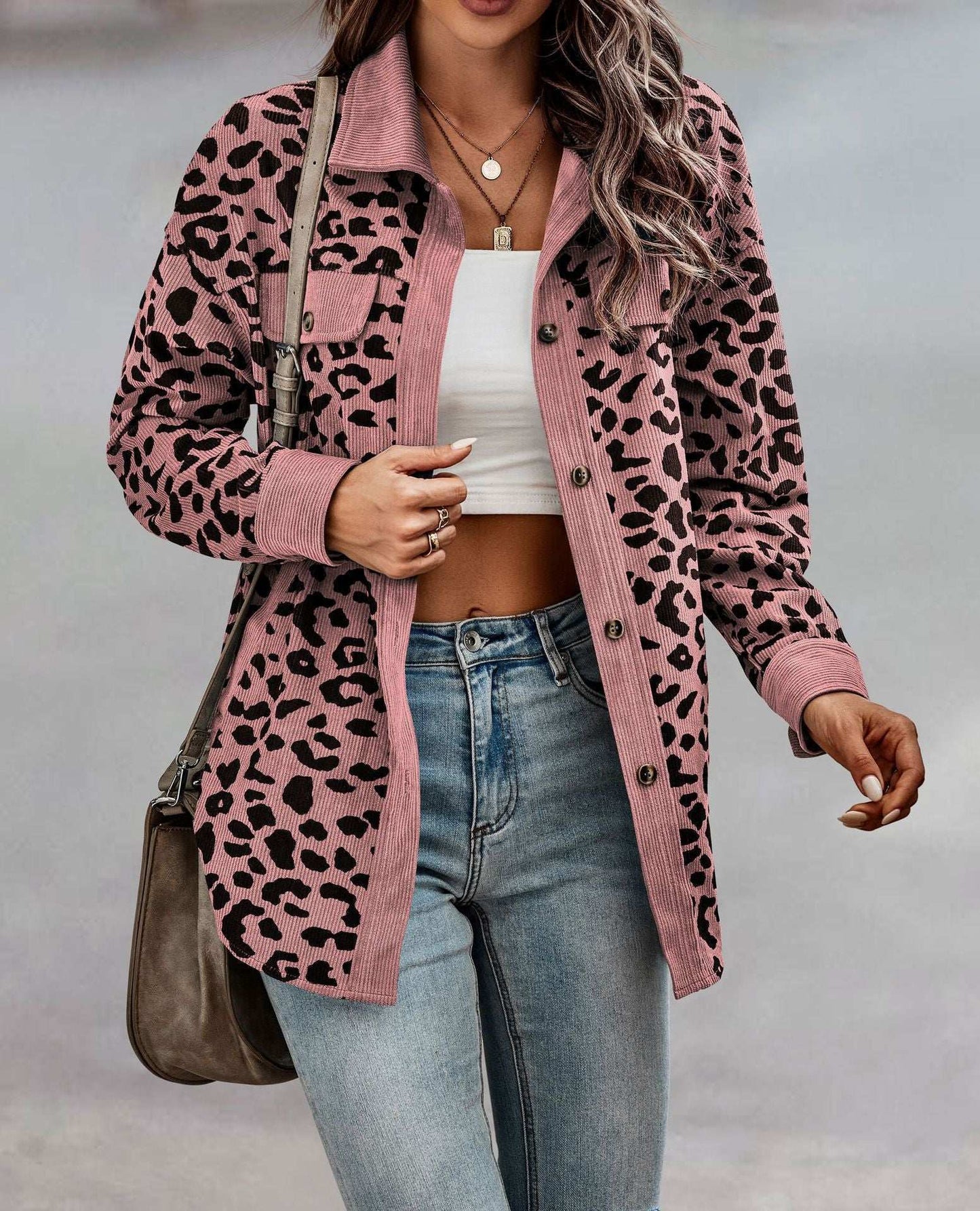 Women's Clothing Autumn And Winter Fashion Leopard Print Button Long-sleeved Jacket