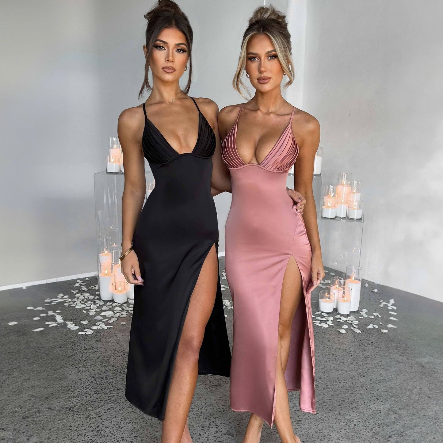 Spaghetti Strap Dress With Split Design Deep V-neck Sleeveless Backless Bodycon Party Dresses For Womens Clothing - globaltradeleader