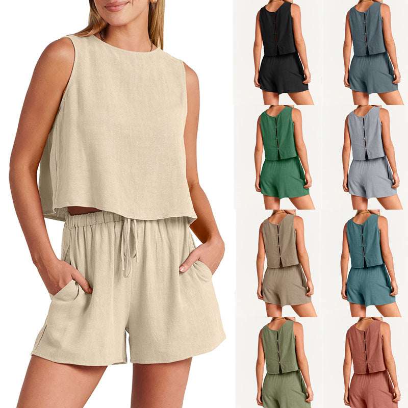 Amazon 2023 Fashion Summer European And American New Women&amp;#039;s Casual Sleeveless Solid Color Loose Cotton And Linen Shorts Two-piece Set
