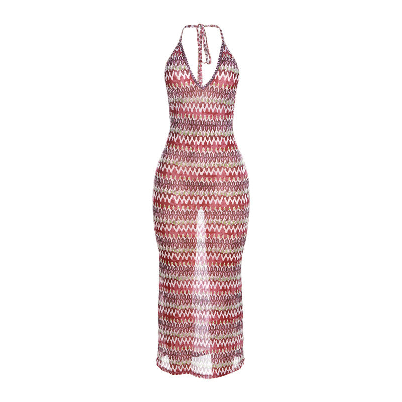Women's Clothing Summer Mesh See-through Printed Backless Bohemian Style Dress