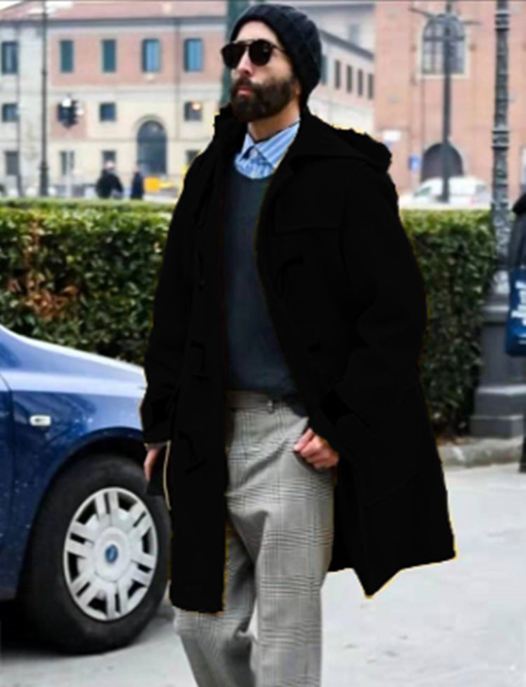 Retro Horn Button Hooded Woolen Trench Coat Men - globaltradeleader