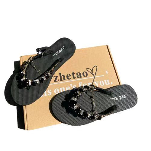 Flip-flops Women's Summer Outer Wear Korean Version Net Red Rhinestones Flat Bottom Sandals And Slippers Beach Shoes Women's