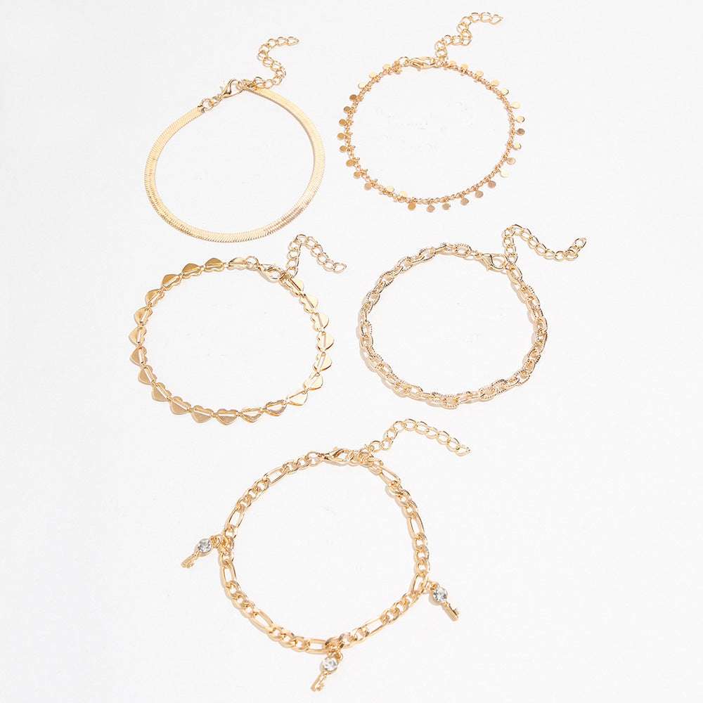 Punk European And American Style New Hollow Love Anklet Disc Snake-shaped Chain Diamond Key Tassel 5 Piece Set Foot Jewelry