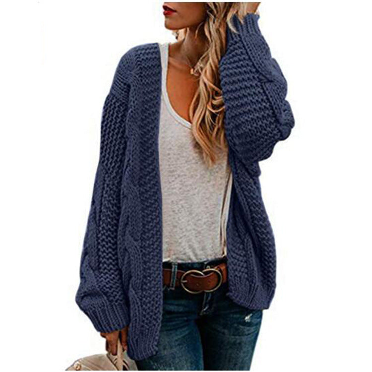 European And American Spring And Autumn Coarse Needle Twist Knitted Cardigan Women's Mid-length Solid Color Casual Loose Coat Cardigan