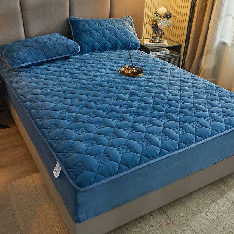 Milk Velvet Quilted Bed Sheet Single Piece Winter Thickened Coral Flannel Bed Cover Three-piece Set Mattress Protector Sheet - globaltradeleader