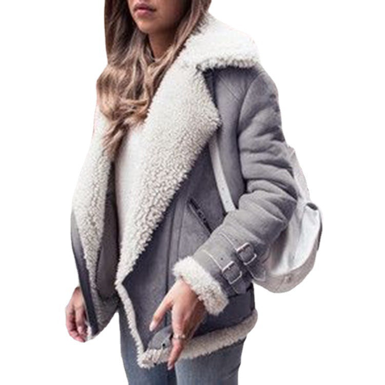 Motorcycle Deerskin Velvet Lamb Coat Women's Lapel Fur Cotton Coat