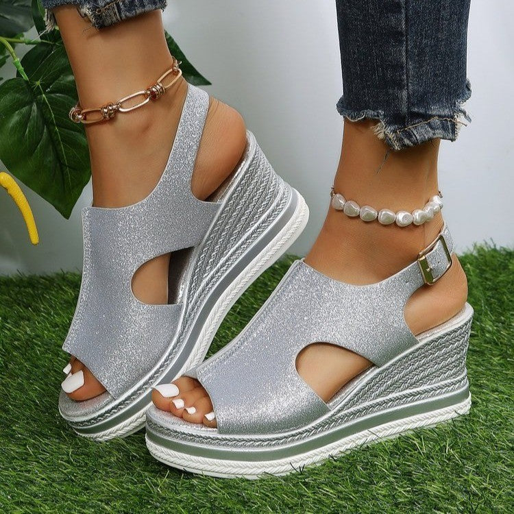 Summer New Large Size  Women&#039;s Shoes Roman Wind Wedge Thick Bottom Hollow Fish Mouth Sandals Women&#039;s