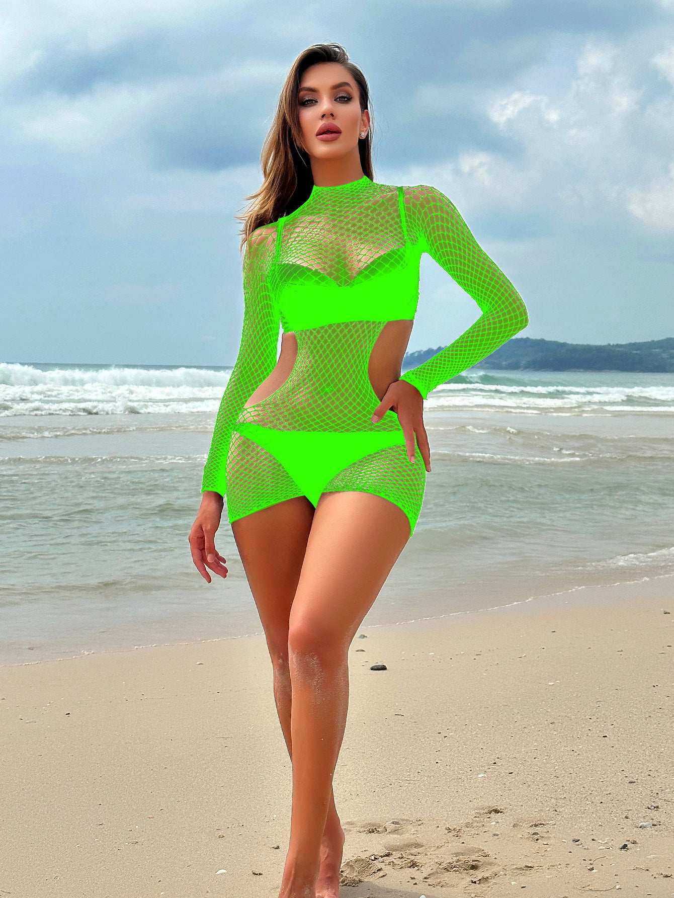 Women's Long-sleeved Hollow-out Fishnet Clothes Backless Hip Skirt - globaltradeleader