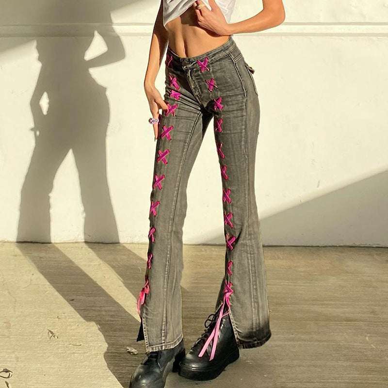 Hot Girl Style Low-waisted Slim-fit Jeans Spring Style Irregular Color-contrasting Lace-up Slit Slightly Flared Trousers
