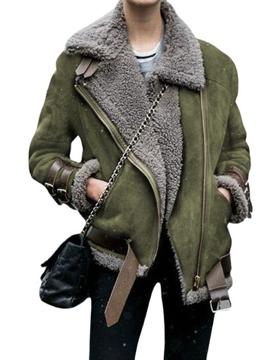 Motorcycle Deerskin Velvet Lamb Coat Women's Lapel Fur Cotton Coat