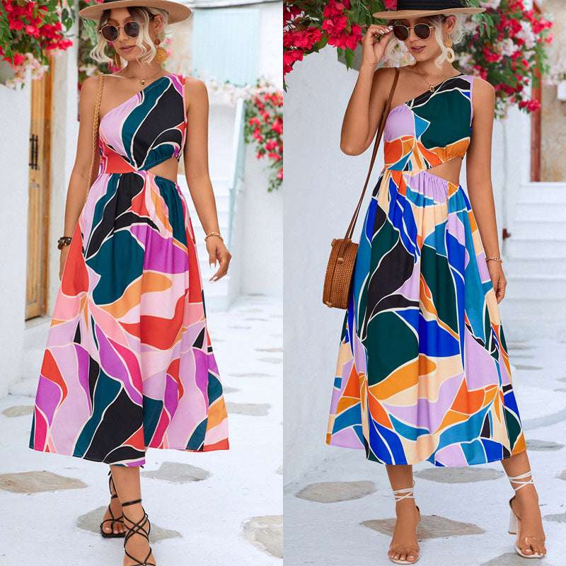 Women's One-shoulder Sleeveless Waist Hollow Dress