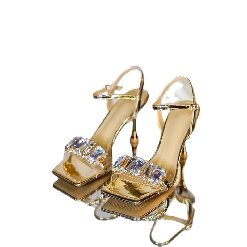 Sandals For Women Summer Open Toe Stiletto Heel Rhinestone Sexy One-word Buckle Strap Fashionable Versatile Silver High