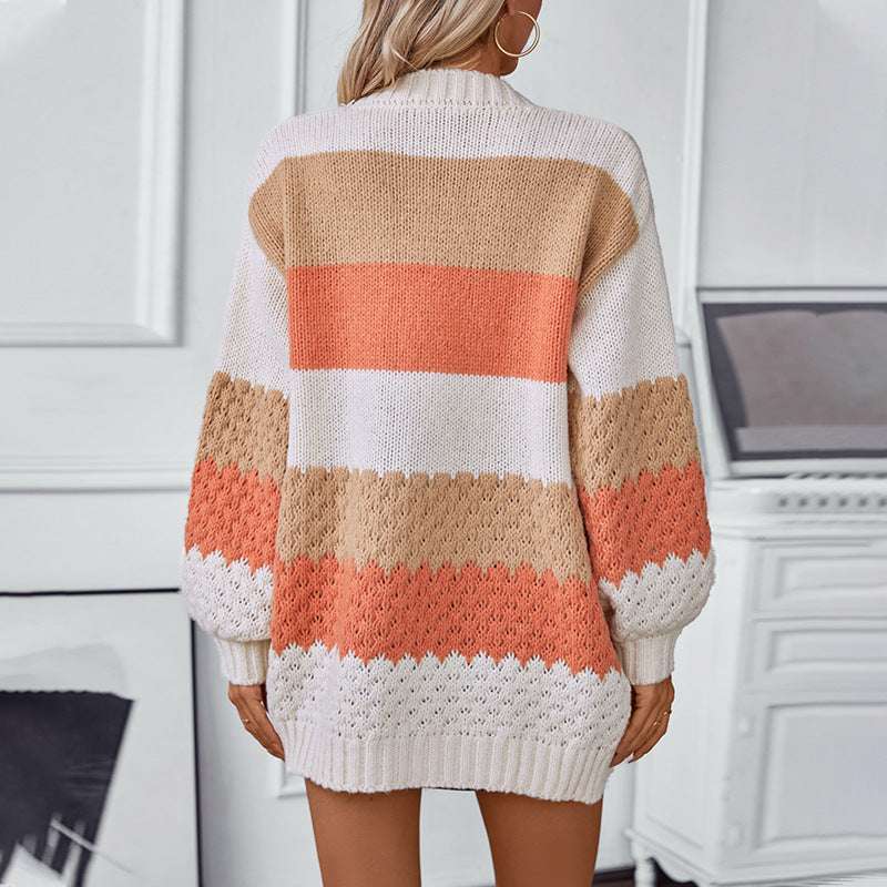 Drizzle Color Stripe European And American Sweater Cardigan Women's Autumn And Winter Casual Loose Lantern Sleeve Sweater