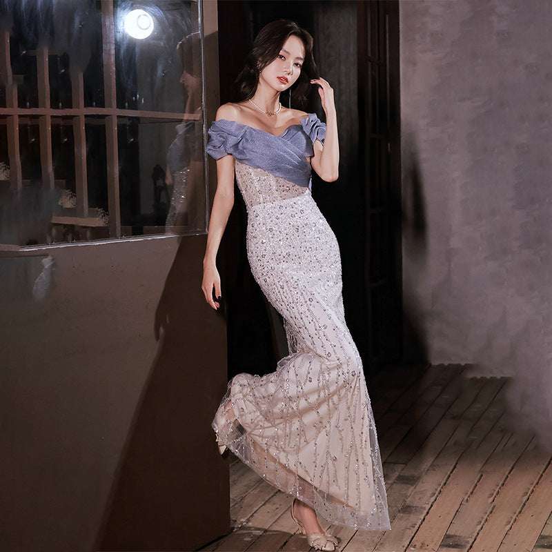 Evening Dress Female Sequin Big Bow Host Fishtail Bel Canto Solo Performance Costume Vocal Art Examination - globaltradeleader