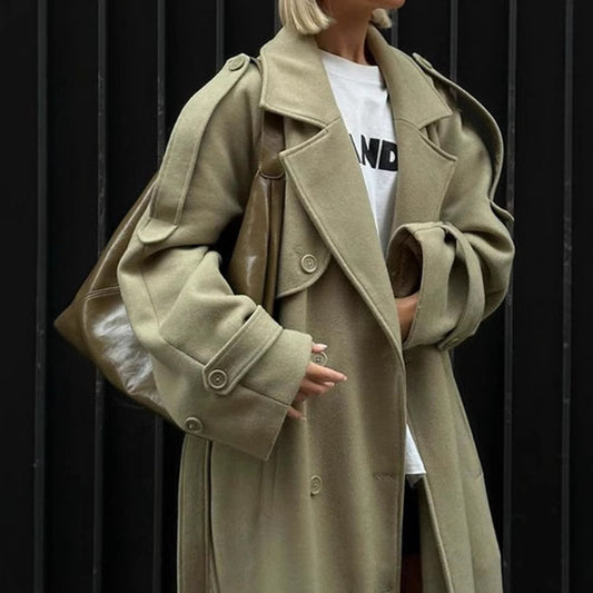 Lapel And Waist Tight Lace-up Long Coat Woolen Coat - globaltradeleader