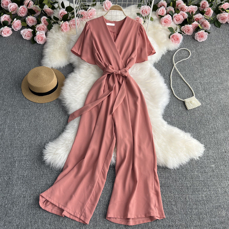 Temperament V-neck Short-sleeved Waist Strap Slim Jumpsuit Solid Color Simple High Waist Drape Wide-leg Pants