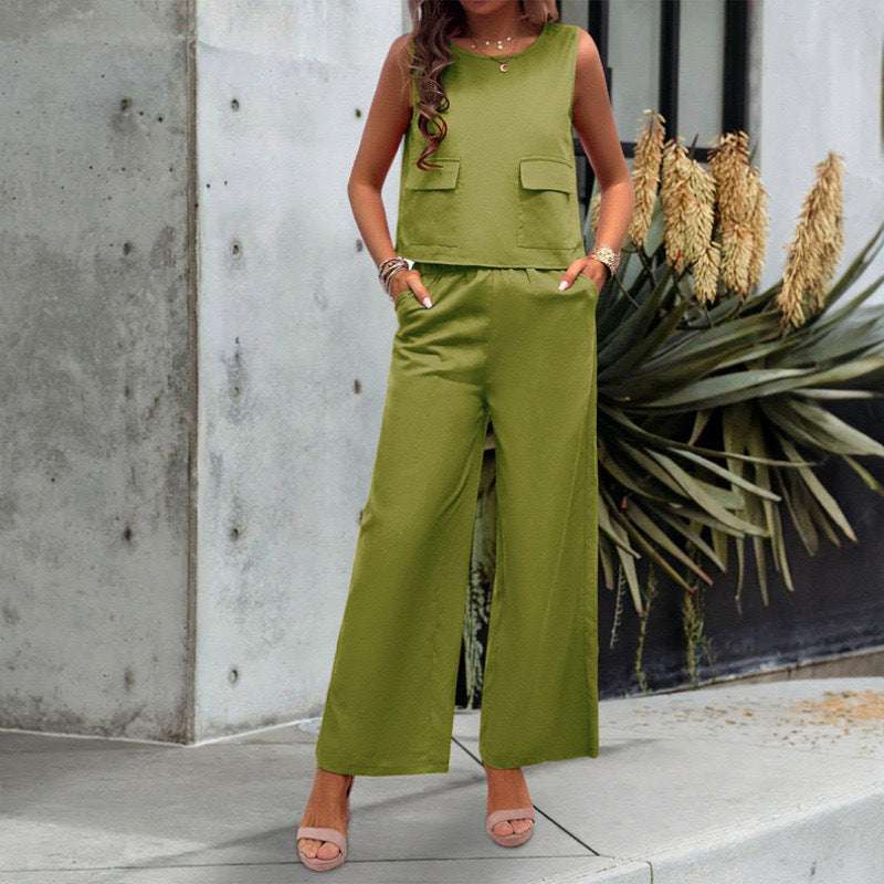 Leisure Solid Color Sleeveless Top Wide Leg Trousers Suit - globaltradeleader
