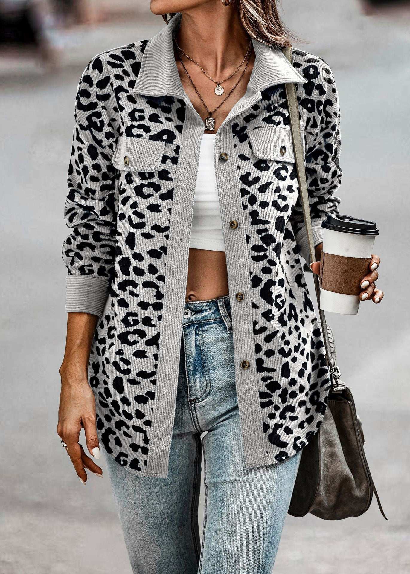 Women's Clothing Autumn And Winter Fashion Leopard Print Button Long-sleeved Jacket