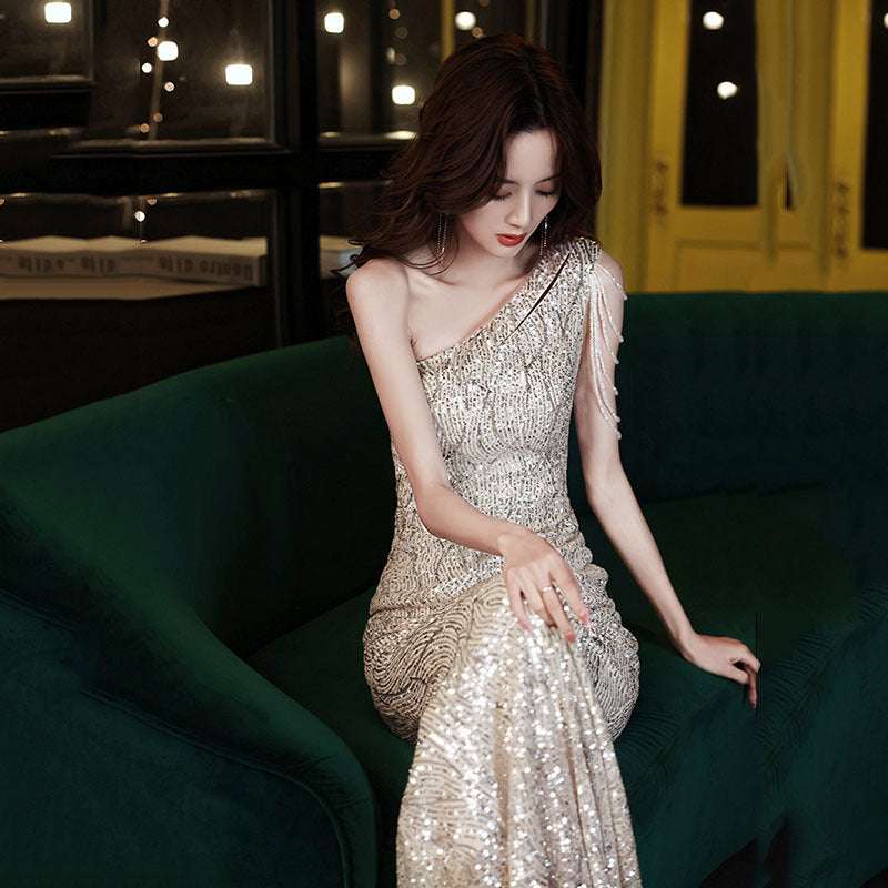 New Temperament Long Shoulder Tassel Sexy Host Banquet Dress