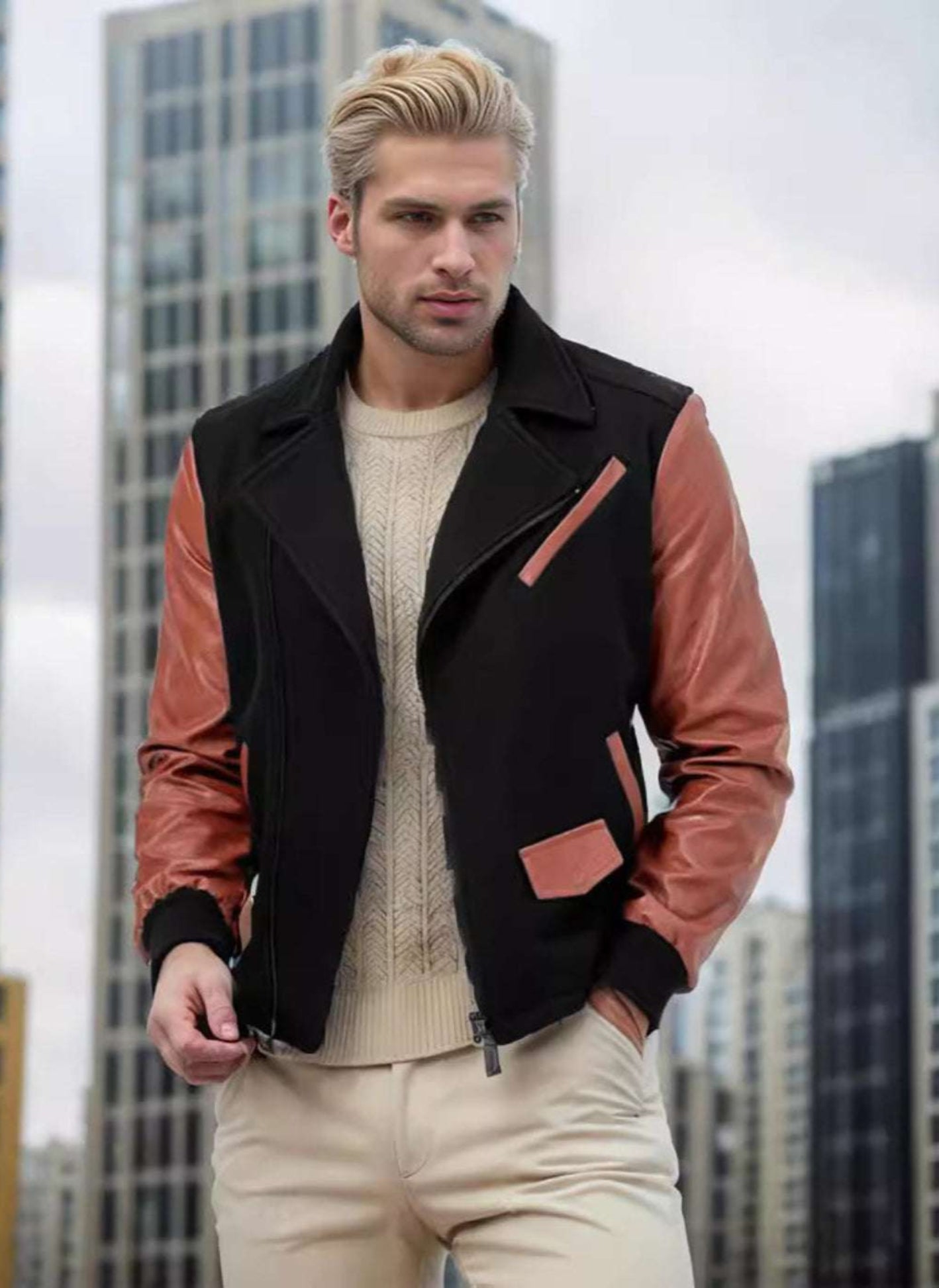 PU Leather Patchwork Wool Lapel Color Matching Men's Jacket - globaltradeleader