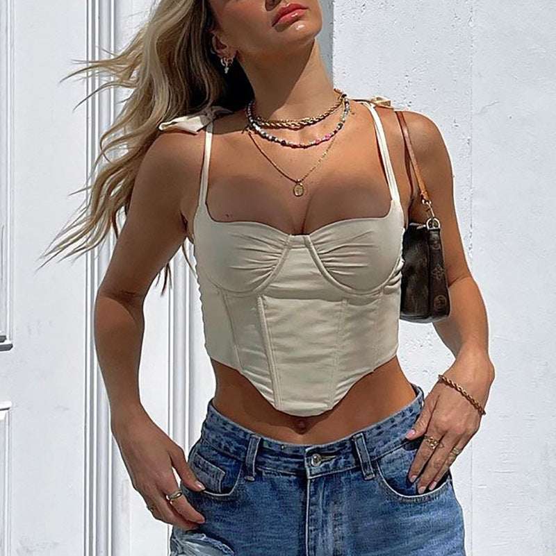 Women's Clothing Autumn Style Sexy Fishbone Straps Square Neck Navel Show Back Outside Wearing Suspender Top
