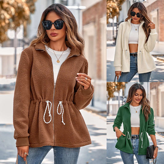 Winter Casual Women's Clothing European And American Product Stand Collar Solid Color Strap Waist Long Sleeve Plush Jacket