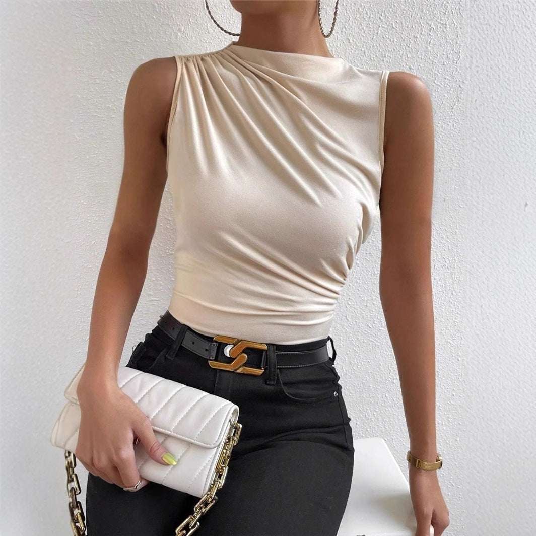 European And American Women's Spring And Summer All-match Solid Color Pleated Sleeveless Pullover Half-high Collar T-shirt