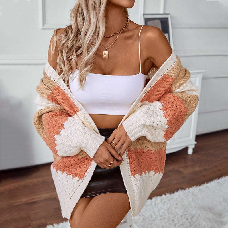 Drizzle Color Stripe European And American Sweater Cardigan Women's Autumn And Winter Casual Loose Lantern Sleeve Sweater